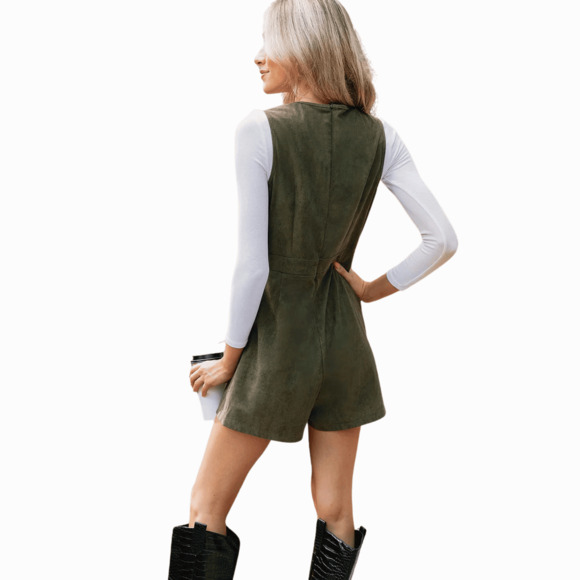 Green Corduroy Romper, Zipper Back, Pockets, Short Women's Cupshe, Sz Medium - Picture 5 of 5